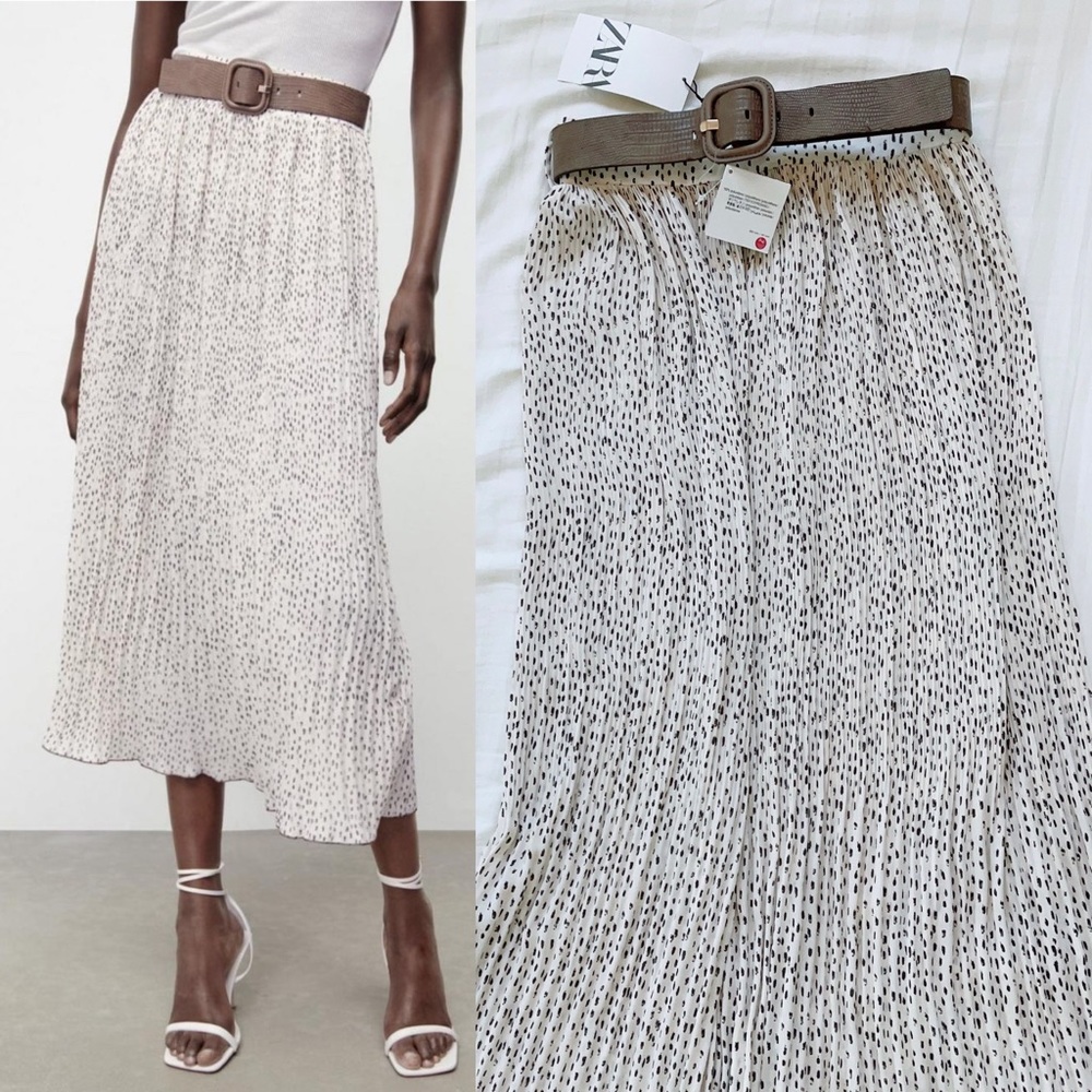 Zara printed pleaded midi skirt with belt